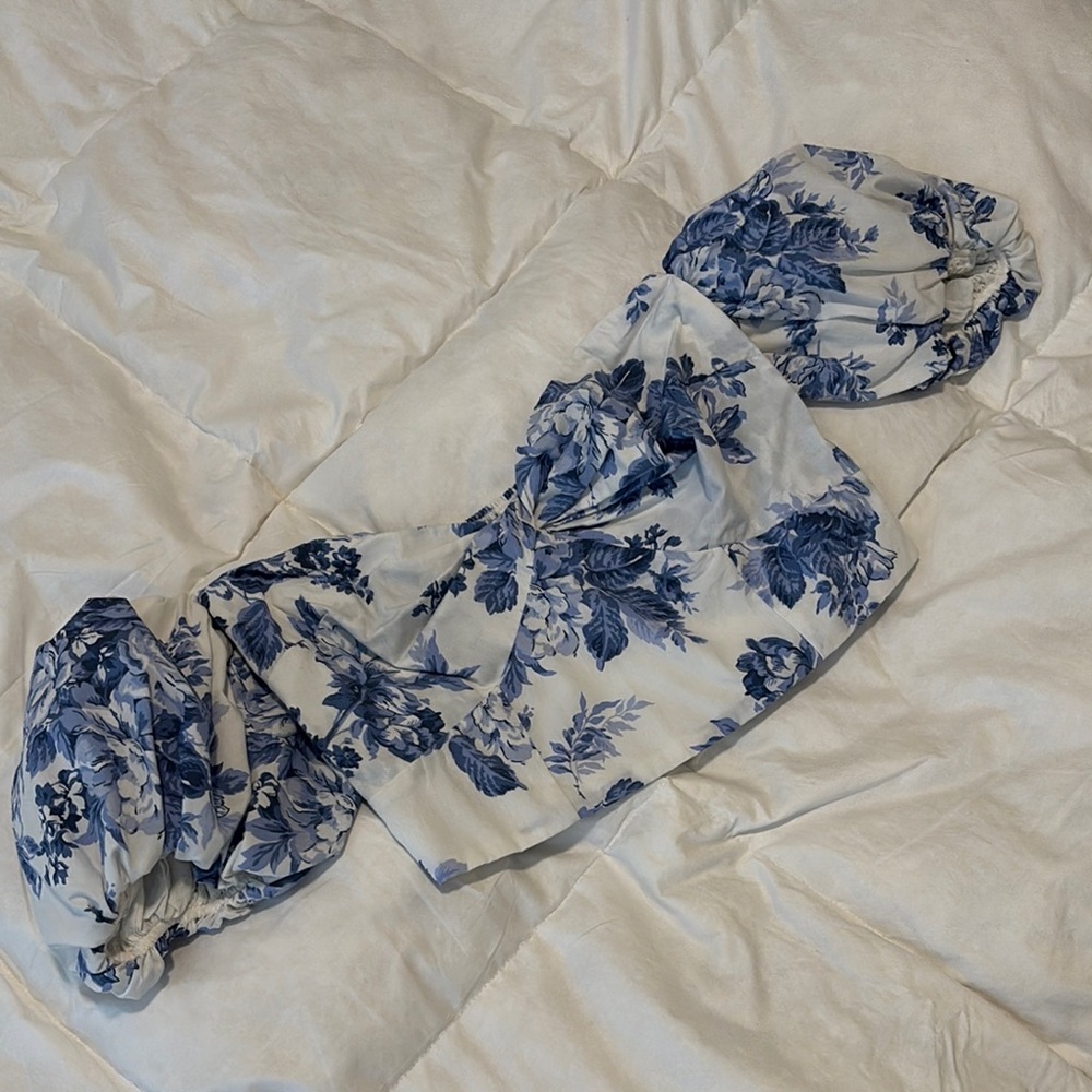 Floral Blue and White Cropped Top